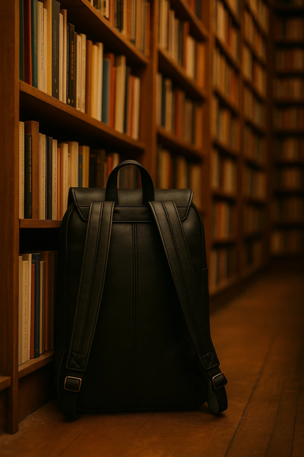 backside of the black leather convertible backpack facing the bookshelf