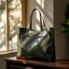 green leather tote bag placed near window