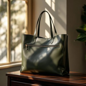 green leather tote bag placed near window