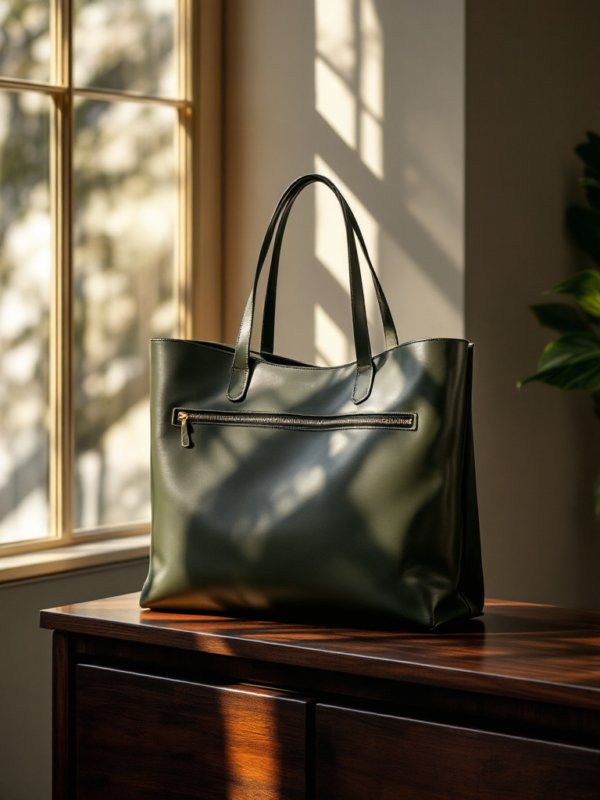 green leather tote bag placed near window