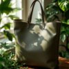 closeup of the green leather tote bag