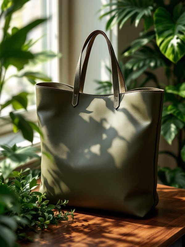 closeup of the green leather tote bag
